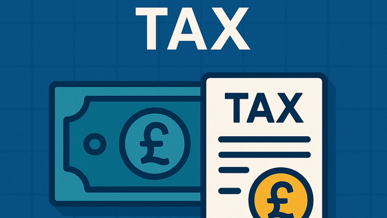 Image with word tax and graphical representation on pound note and tax document