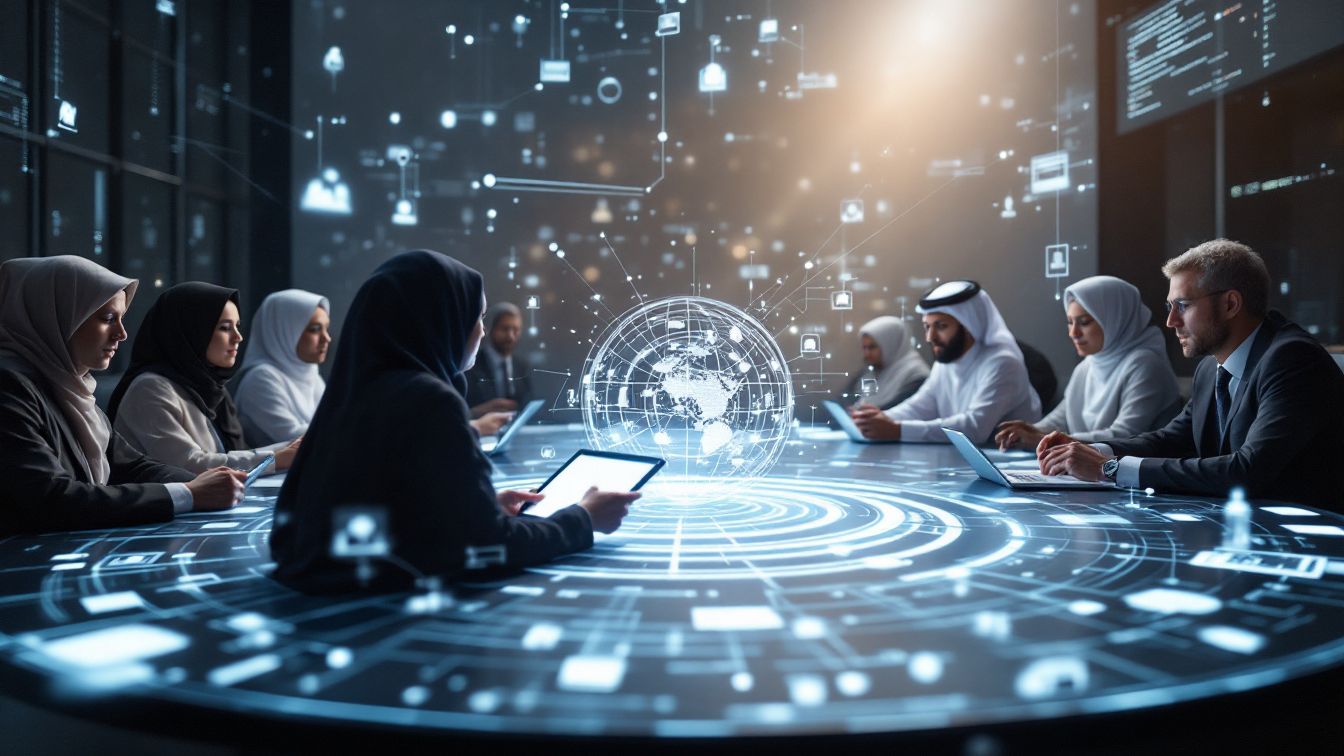 مشهد رمزي للدبلوماسية الرقمية يُظهر التفاعل عبر الشاشات والتقنيات الحديثة بين قادة دوليين.