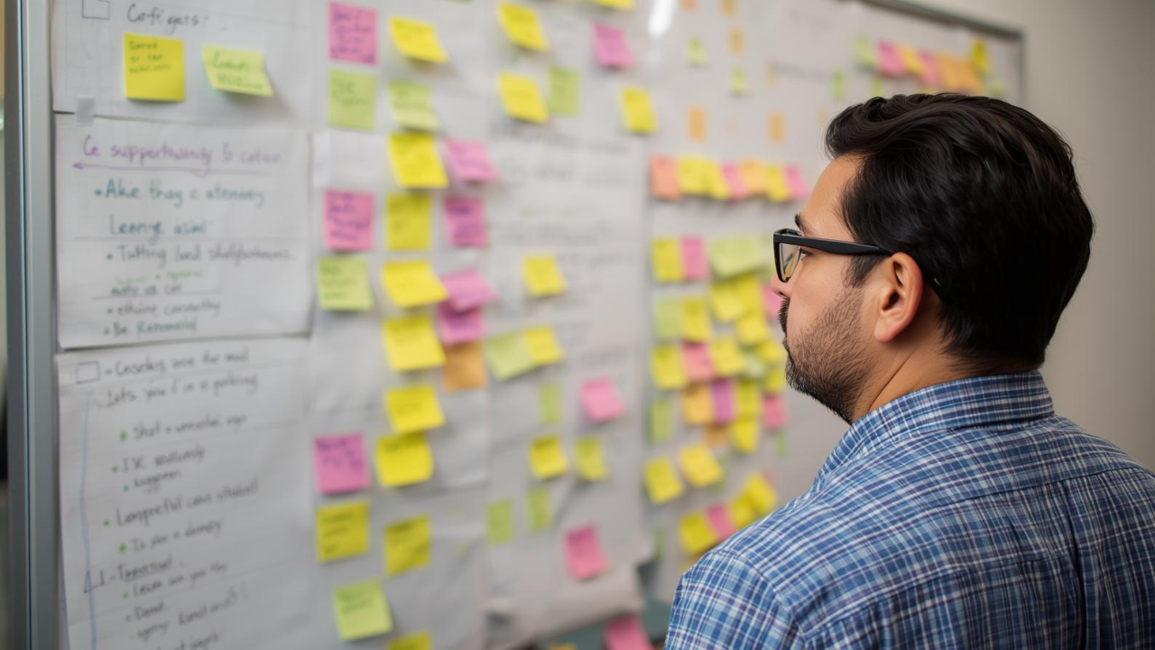 Man with ADHD managing multiple business tasks with sticky notes