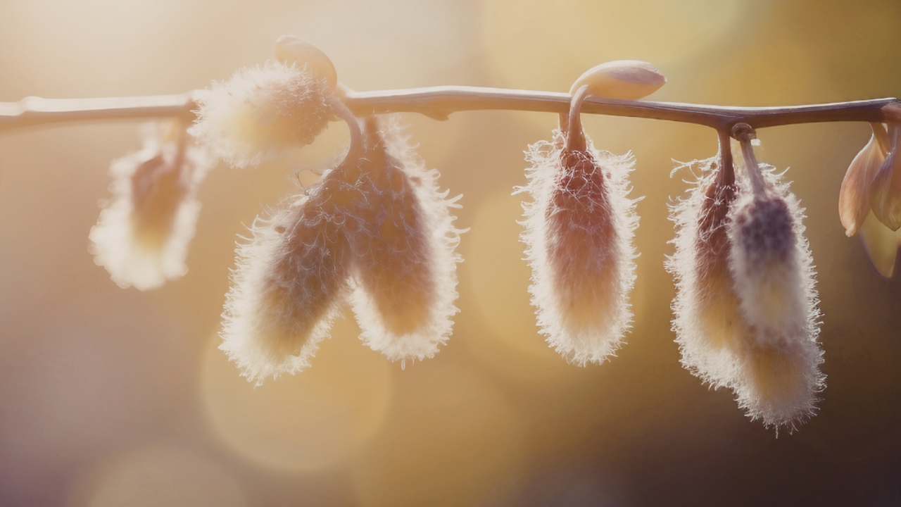 Soft pussy willow buds forming a subtle heart shape on a branch, glowing in warm winter light.