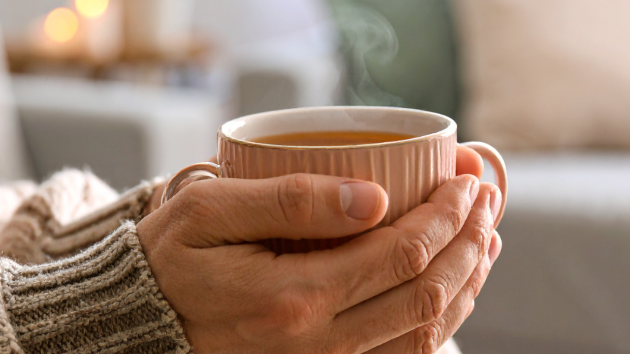Hands holding a warm mug, wrapped in a cozy neutral blanket and fuzzy sweater, evoking a sense of stillness, comfort, and seasonal grounding.