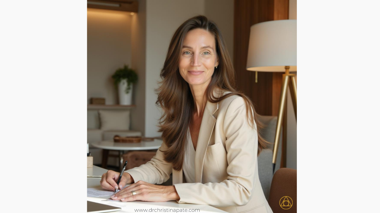 Dr. Christina Pate sitting at a desk in a cream colored blazer looking at the camera