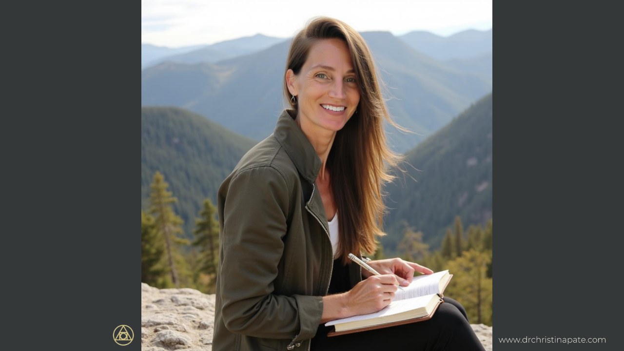 Image of Dr. Christina sitting on a cliff facing the camera smiling while writing in a journal. In the backdrop is the northern california mountains covered in trees.