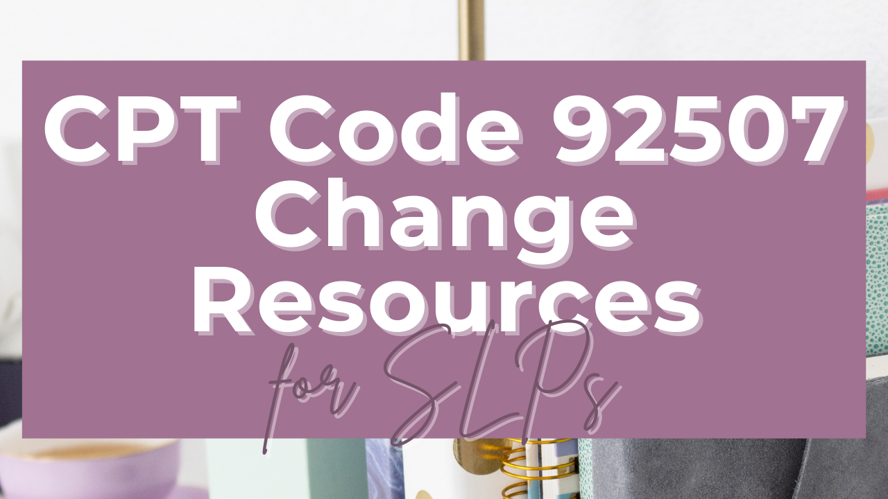 White text on a purple background describing CPT coding change resources for SLPs with books in the background