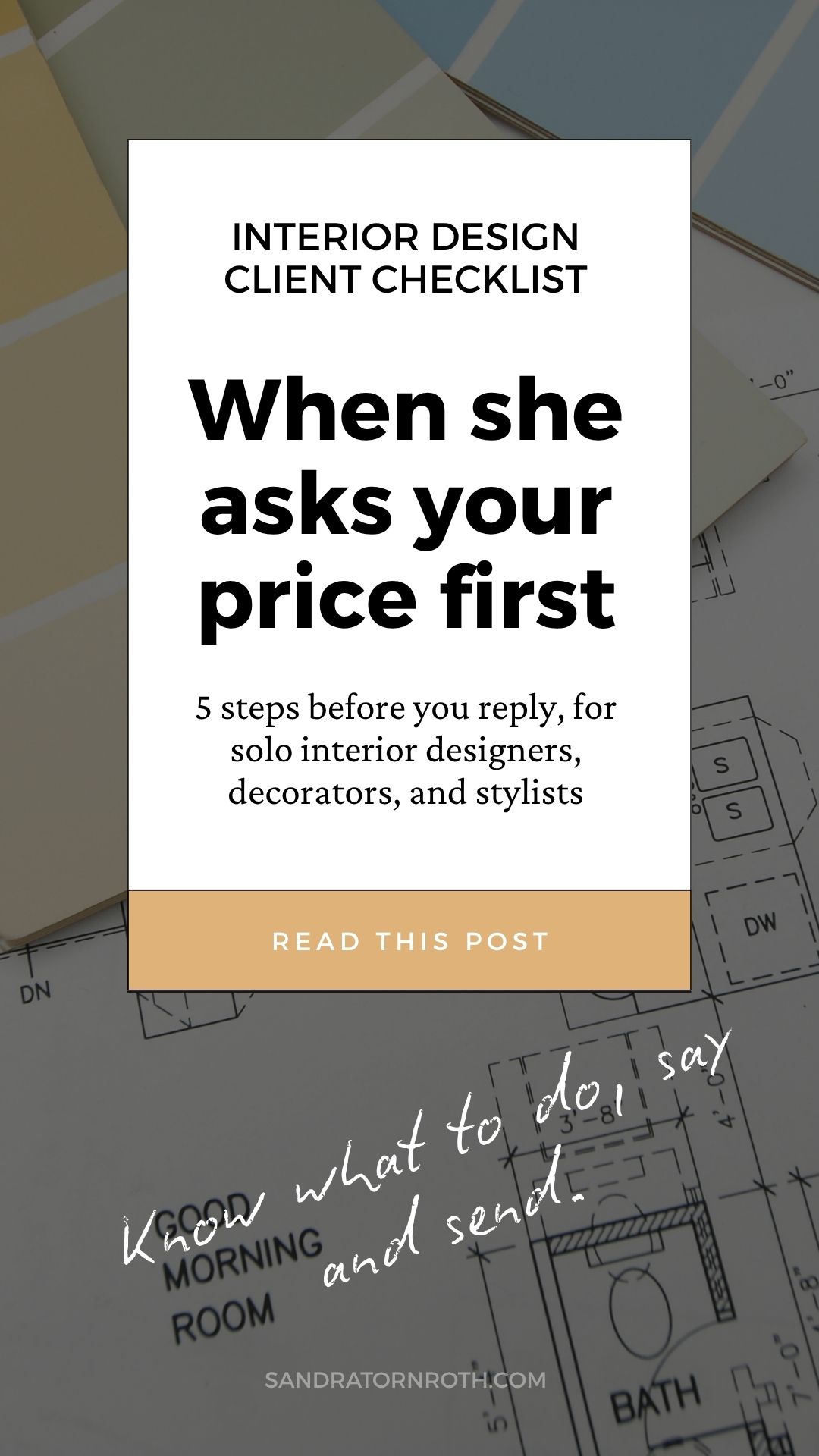 Interior design client checklist for when she asks your price in the very first message. Five steps before you reply: answer the question, say what the number depends on, send her to your inquiry form, offer the next step, and write it once so you can keep it. For solo interior designers, decorators, and stylists. Read the full post.