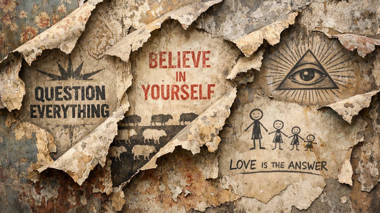 A hand peels away layers of wallpaper, uncovering faded words and images beneath, representing how family, culture, and experience shape our inner lens.