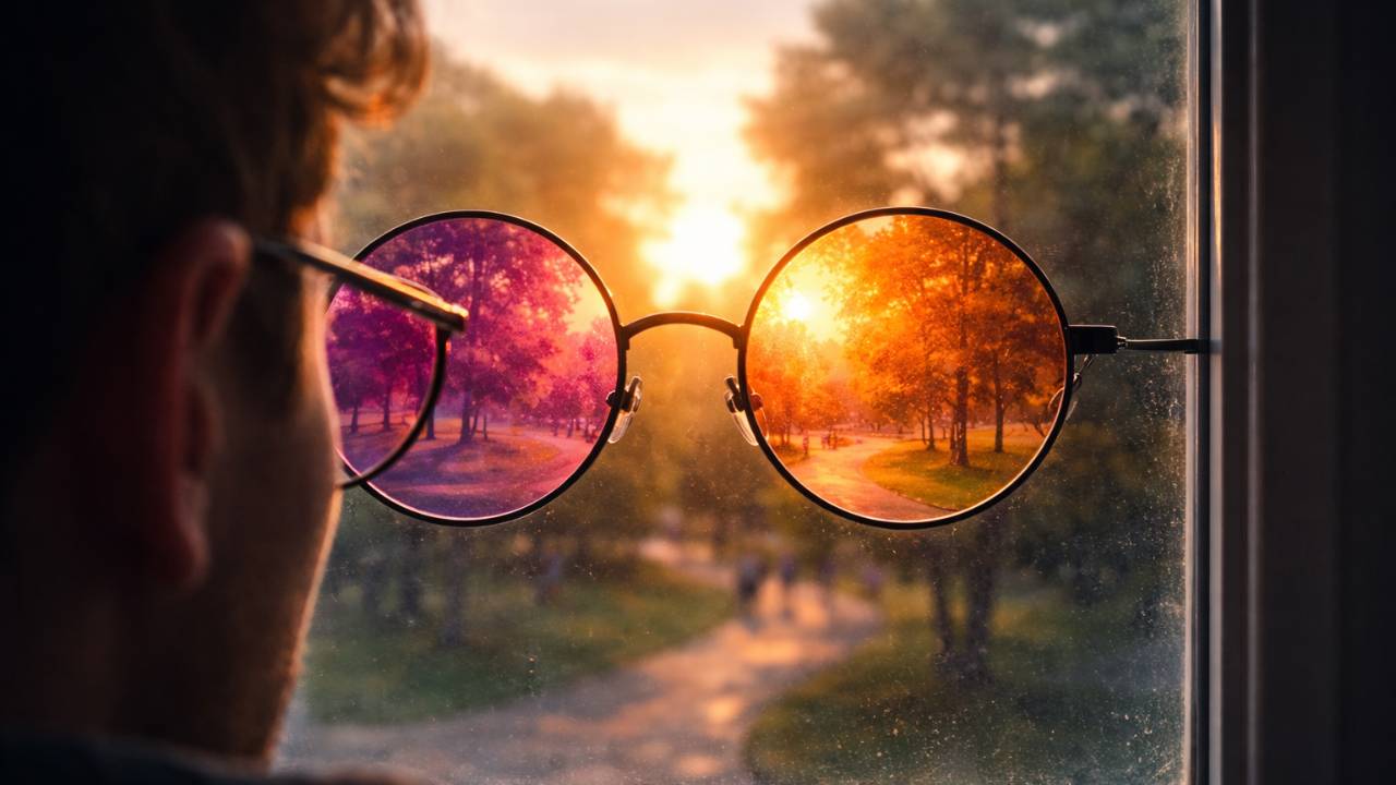 An individual gazes through tinted glasses, the world outside appearing in different hues—representing how unseen beliefs shape what we see and feel.