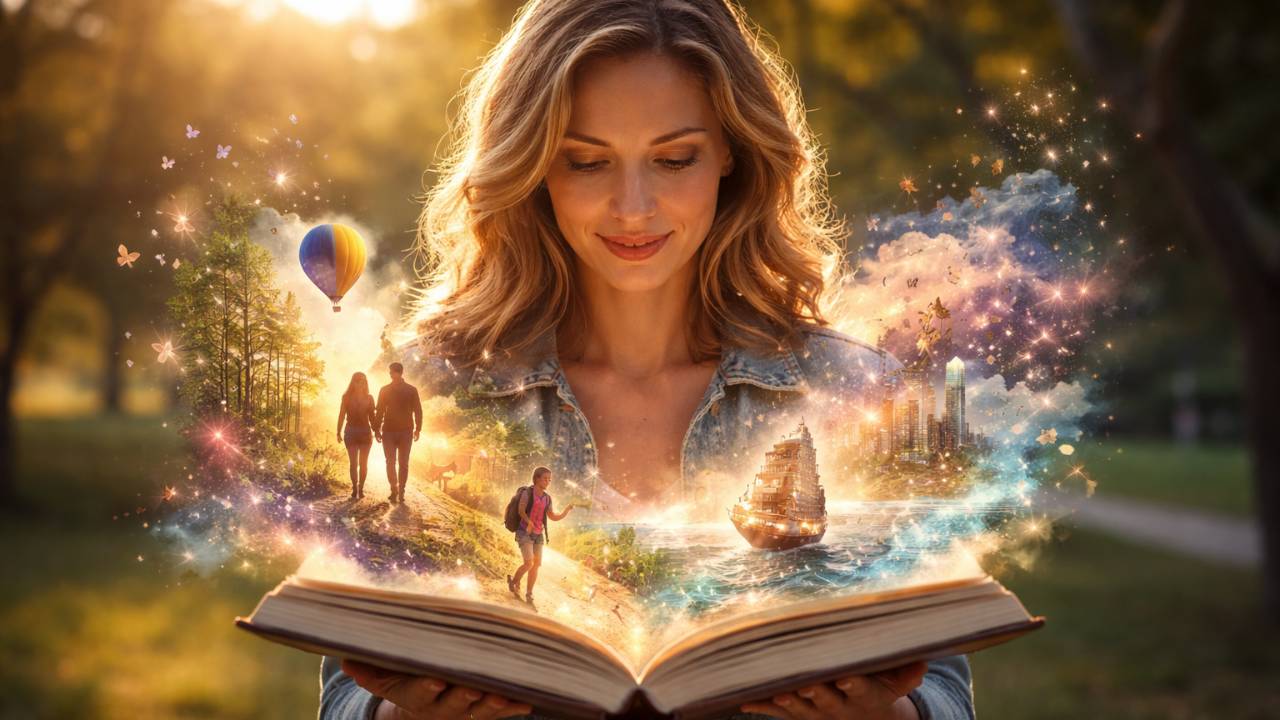 An individual reads an open book; images and words swirl above it, representing the powerful, unseen stories that shape our lives.