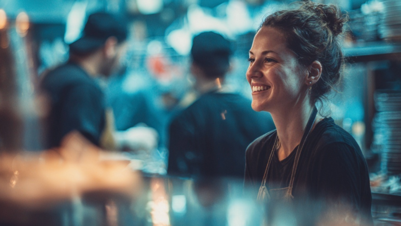 Teammeeting im Restaurant mit Servicekräften und Küchenpersonal als Symbolbild für modernes Recruiting und erfolgreiche Mitarbeitergewinnung in der Gastronomie 2026.