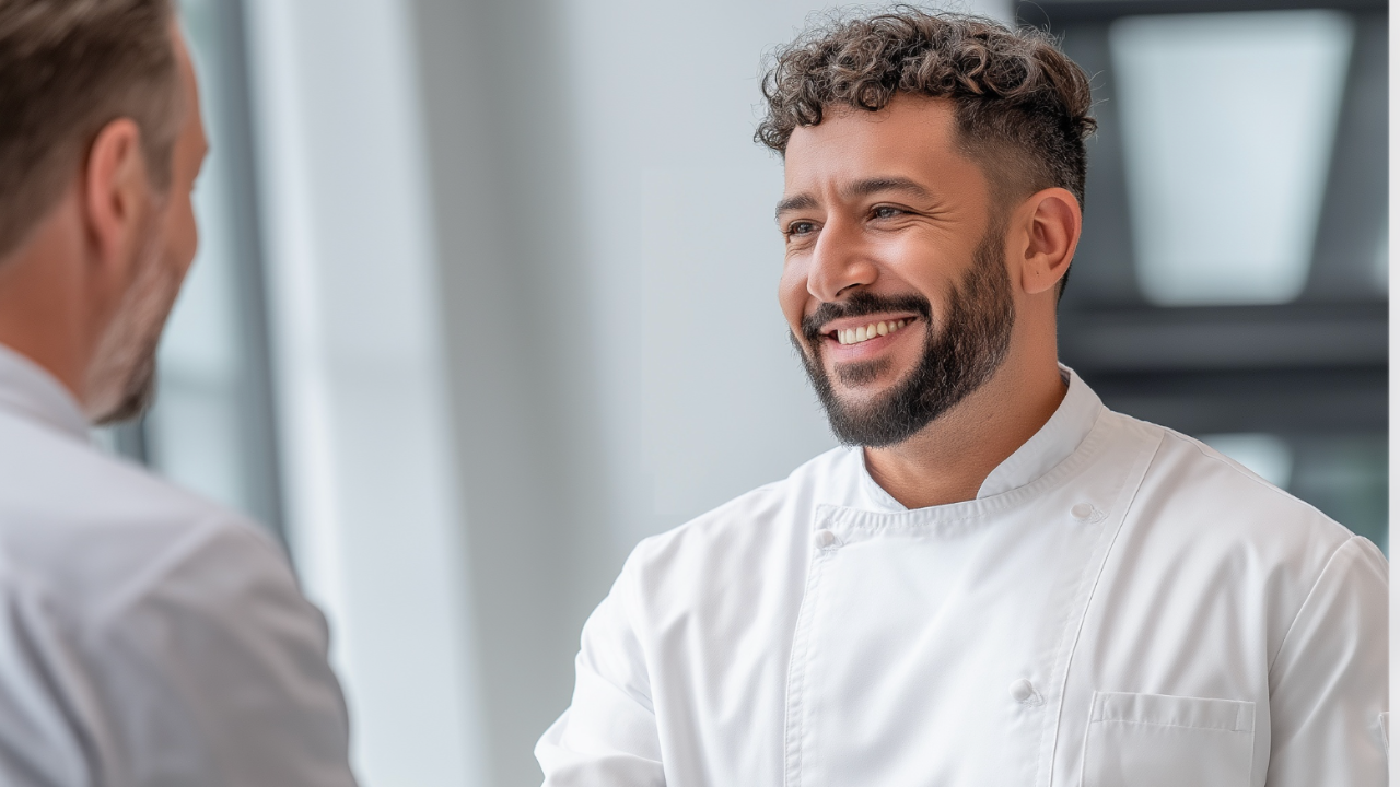 Führungskraft im Restaurant im Gespräch mit einer Mitarbeiterin während eines strukturierten Feedbackgesprächs.