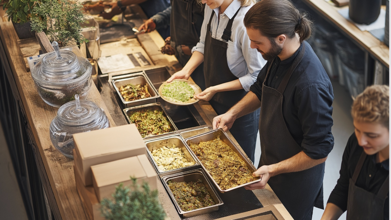 Restaurantküche mit regionalen saisonalen Zutaten, strukturierter Vorbereitung und konsequenter Nutzung von Lebensmitteln als Beispiel für Abfallreduktion und Regionalität in der Gastronomie.