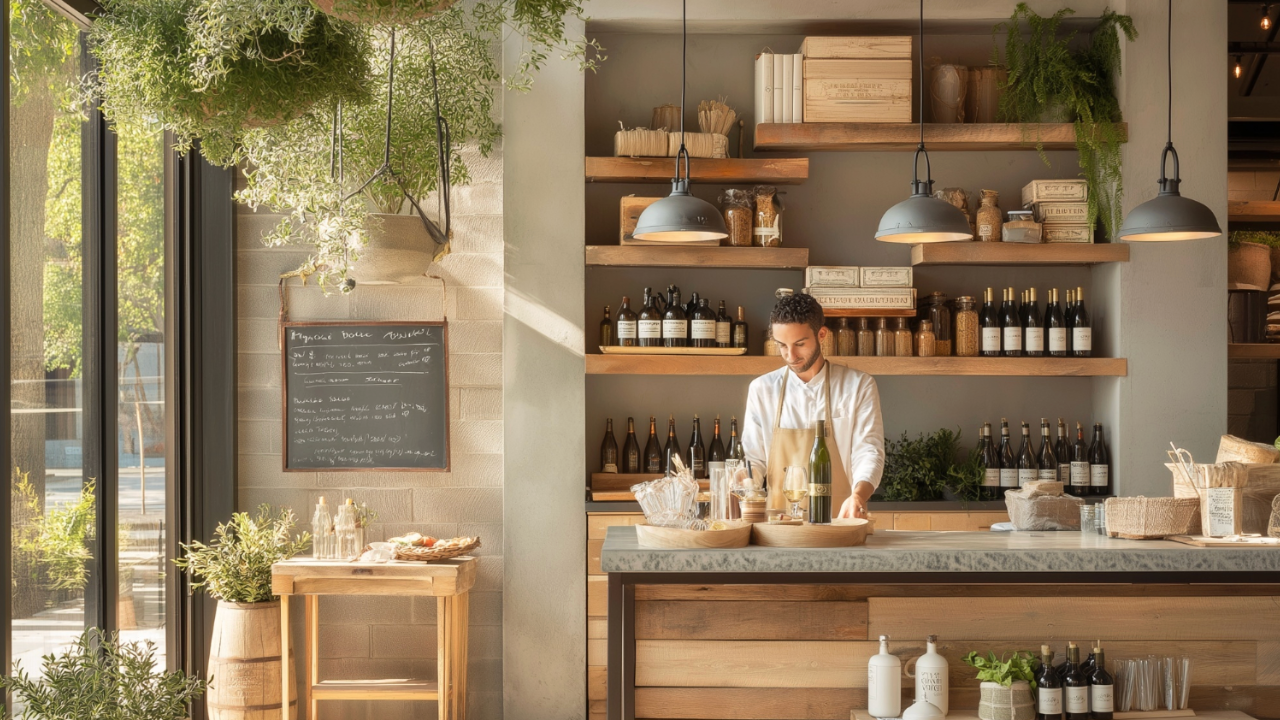 Junger Mitarbeiter in einem nachhaltigen, modernen Gastronomieumfeld. Das Bild symbolisiert nachhaltige Gastronomie, verantwortungsvollen Umgang mit Lebensmitteln und ressourcenschonende Küchenprozesse.