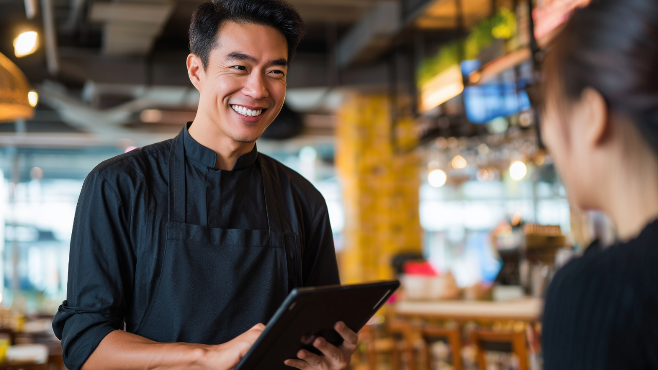 Führungskraft im Restaurant erklärt einem Teammitglied Aufgaben im Service als Beispiel für Teamführung in der Gastronomie.