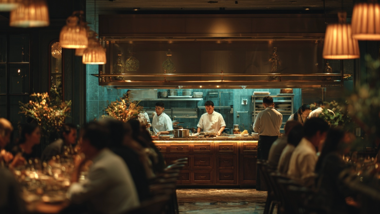 Offenes Restaurant mit Blick in die Küche, Köche bereiten Gerichte zu, Gäste sitzen im voll besetzten Gastraum und zeigen die Atmosphäre eines professionell geführten Restaurants