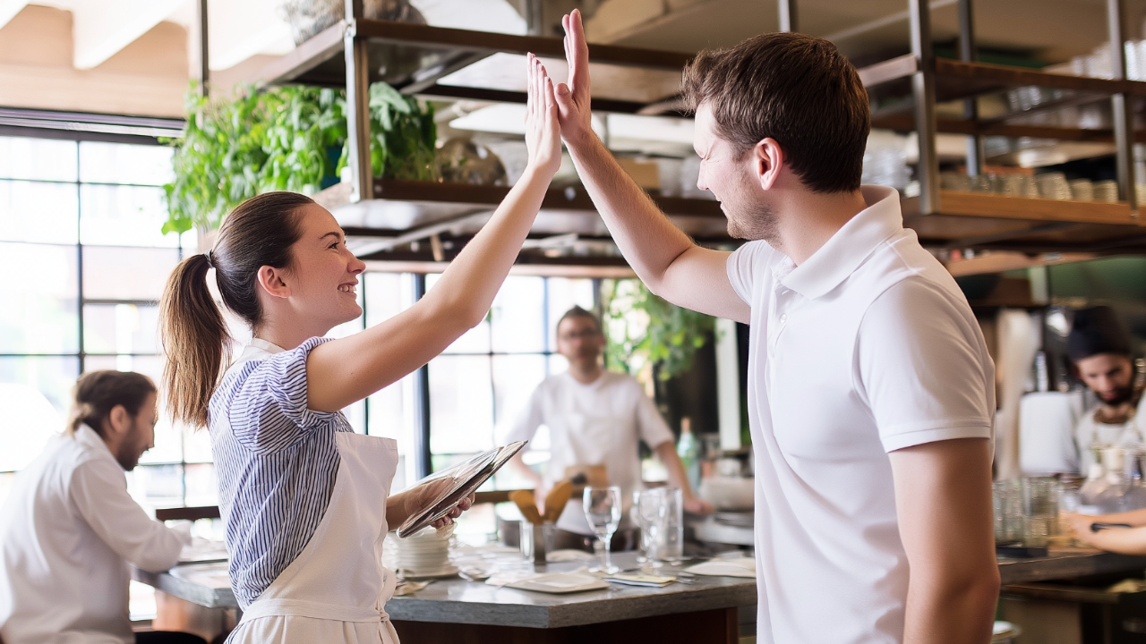 Servicekräfte arbeiten erfolgreich zusammen dank Checkliste im Restaurant, Symbolbild für Standards und Abläufe in der Gastronomie.