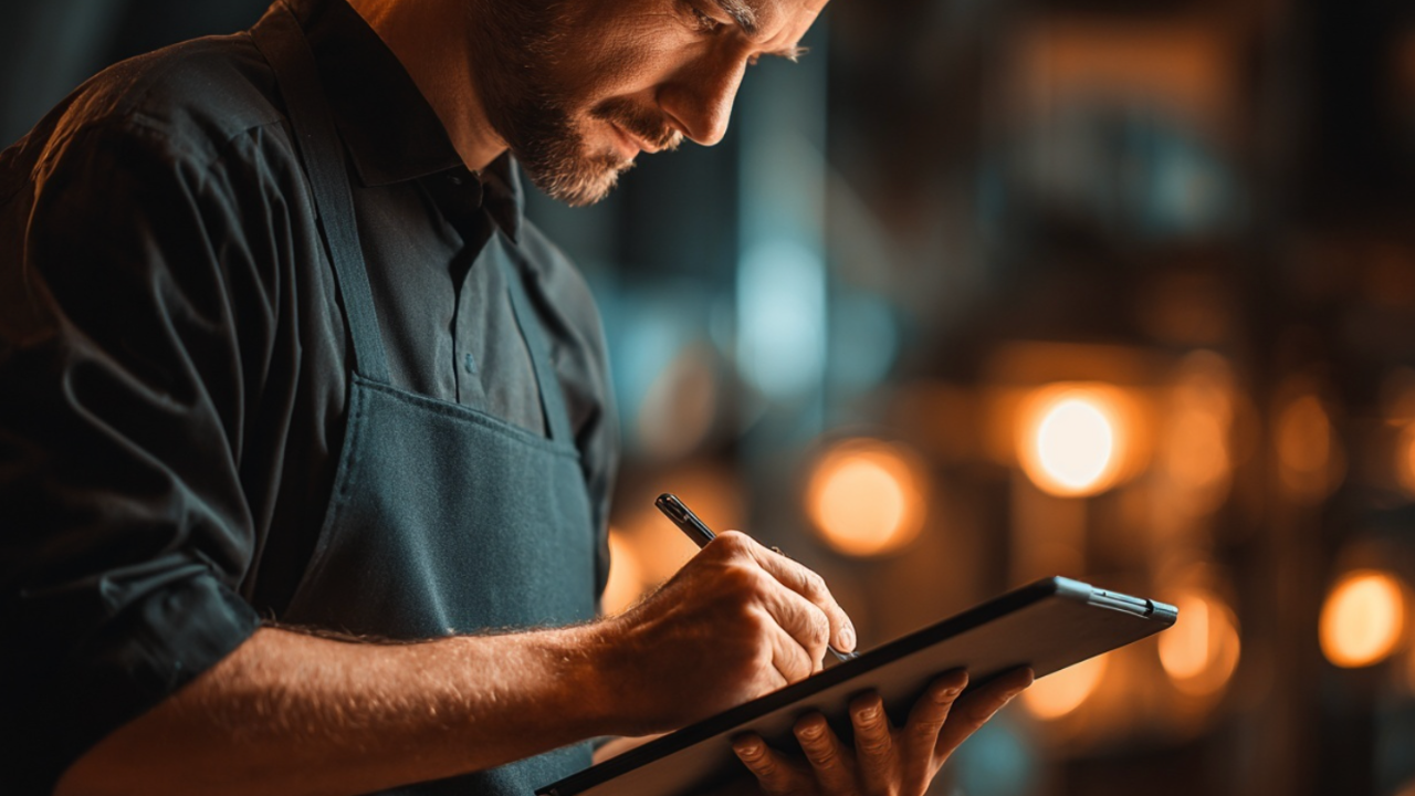 Speisekartenkalkulation in der Gastronomie: Koch richtet Gericht an, daneben digitale Kalkulation zur Preisbestimmung.