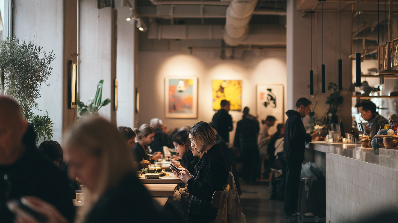 Belebtes Restaurant mit Gästen und Servicepersonal als Symbol für erfolgreiches Restaurantmanagement, Kennzahlensteuerung und Leadership in der Gastronomie