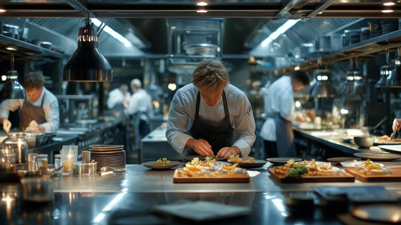 Professionelle Restaurantküche mit klar strukturierten Arbeitsstationen und konzentriert arbeitendem Küchenteam als Symbol für operative Exzellenz in der Gastronomie