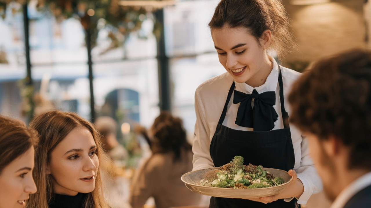Mitarbeitende in einem modernen Restaurant, die Gäste professionell bedienen. Die Szene zeigt gut geschultes Personal in der Gastronomie und verdeutlicht den Einfluss von strukturierten Schulungen und Trainings auf Servicequalität und Gästezufriedenheit.
