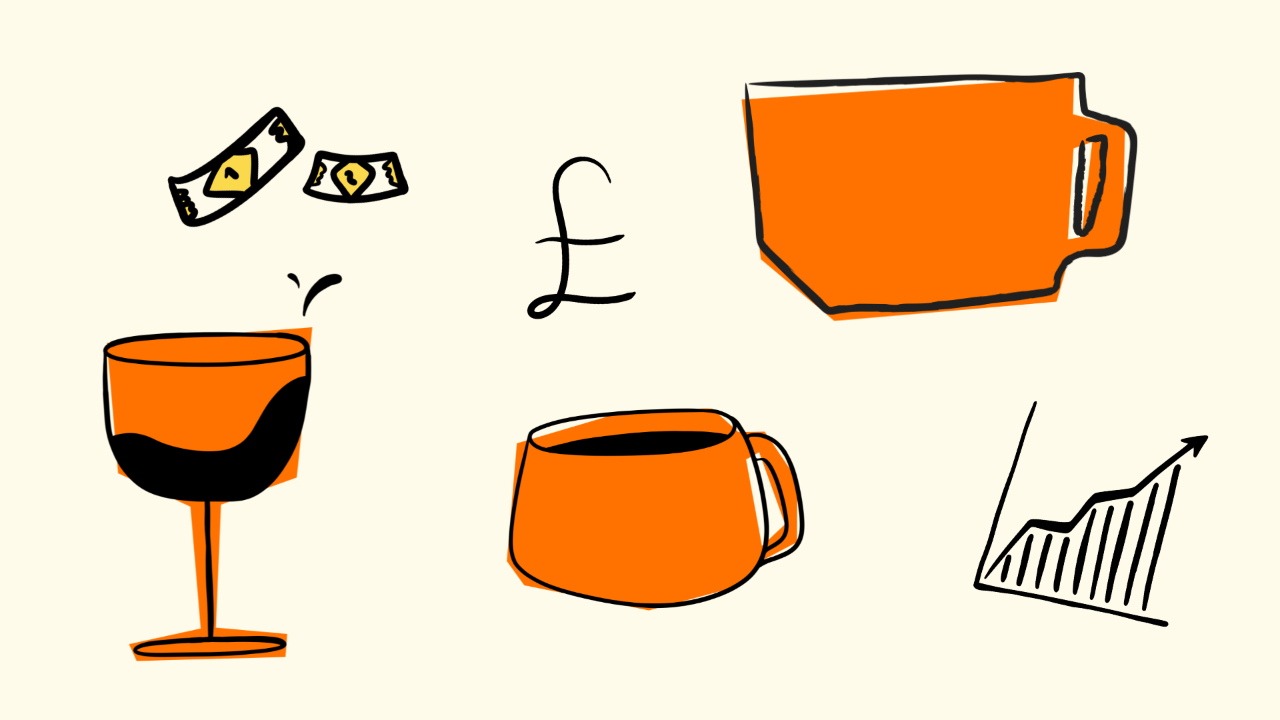 a mix of hand drawn illustrations incljuding a wine glass, 2 coffee cups, a pound sign, money notes and a graph