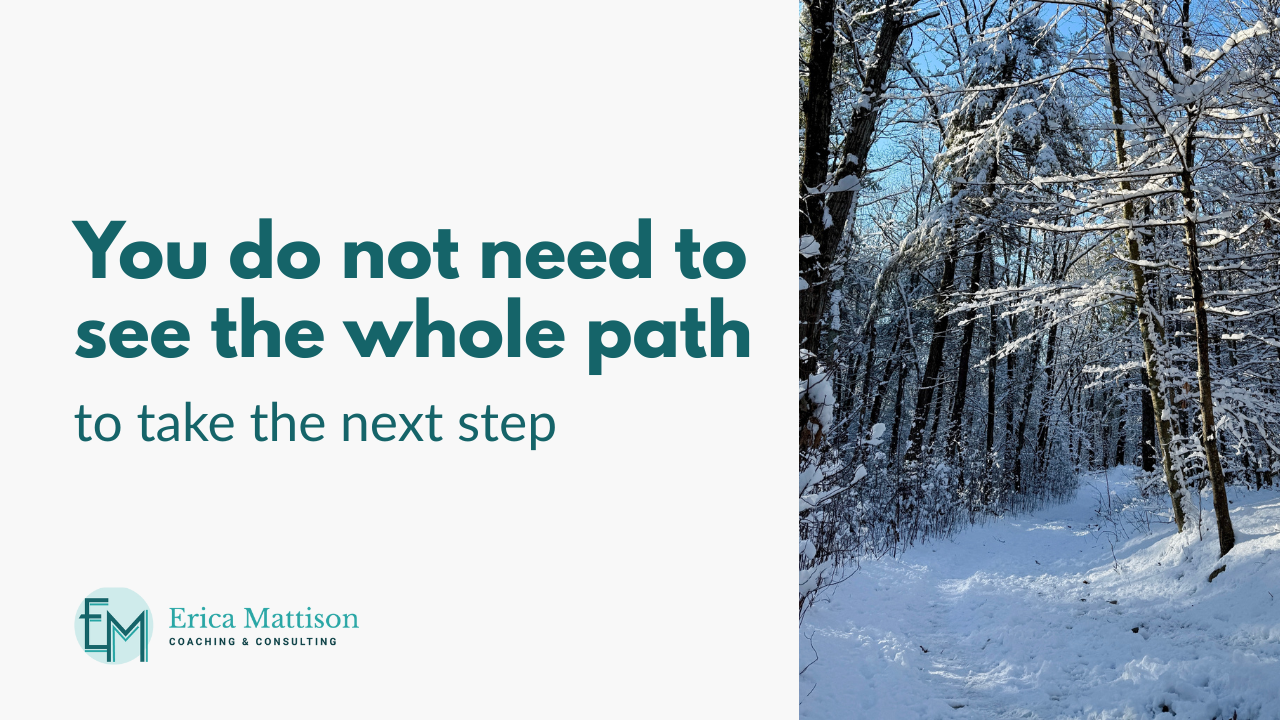 "You do not need to see the whole path to take the next step" snowy path with trees