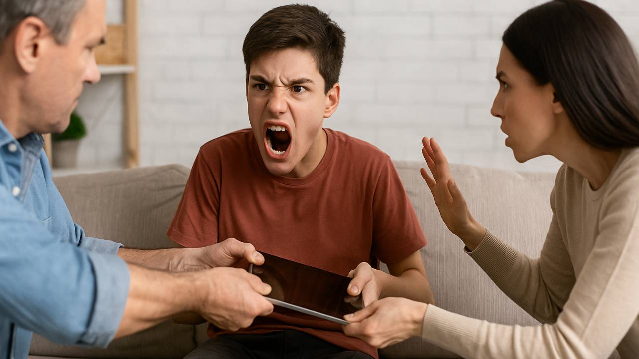 Angry teenage boy yelling while parents try to take away his tablet during a screen time conflict at home.