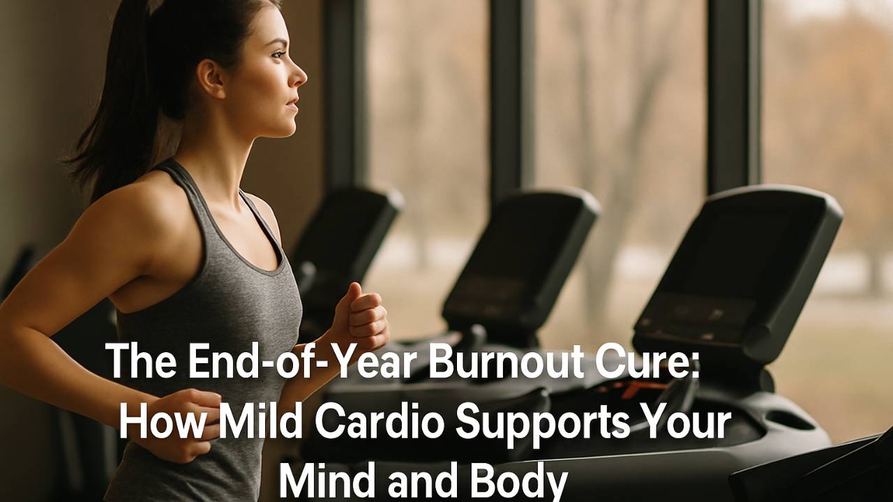 Woman jogging on a treadmill to reduce end-of-year burnout.