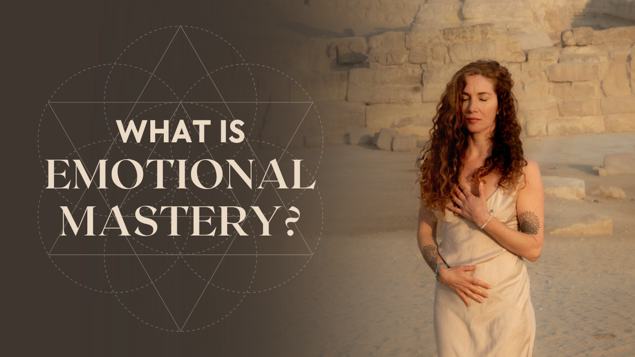 Lisa Rachel Snyder standing in the desert with eyes closed and hands on her heart and stomach, overlaid text reading “Emotional Intelligence vs. Emotional Mastery,” symbolizing embodied emotional integration and inner stillness.