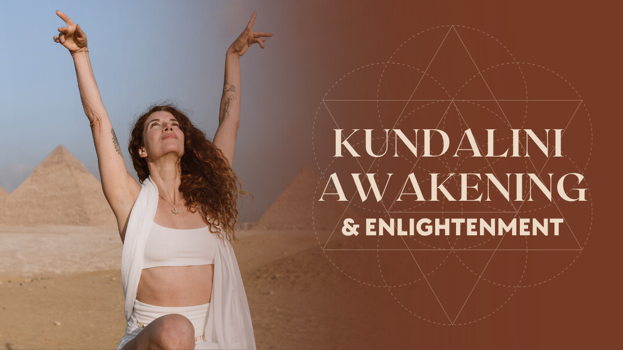Lisa Rachel Snyder embodying Kundalini awakening with raised arms in front of the Egyptian pyramids, representing enlightenment through embodied Kundalini awakening and spiritual integration.