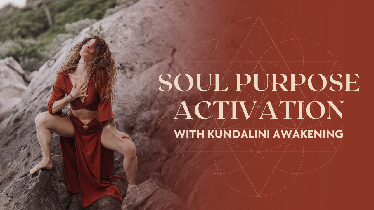 Lisa Rachel Snyder in a flowing red dress in a grounded, powerful pose on rocks, symbolizing soul purpose activation and alignment through Kundalini awakening, with sacred geometry overlay in the background.