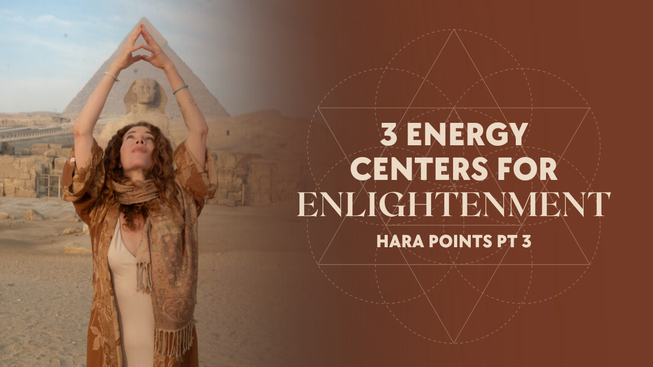 Lisa Rachel Snyder standing between ancient stone pillars at sunset, symbolizing the three energy centers for enlightenment in the Hara Points series.