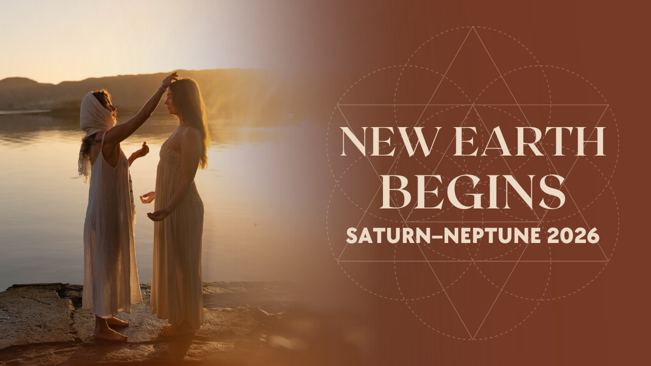 Lisa Rachel Snyder smiling in warm earthy tones with another woman in the background, overlaid text reading “New Earth Begins – Saturn–Neptune 2026,” symbolizing the astrological conjunction and collective shift.