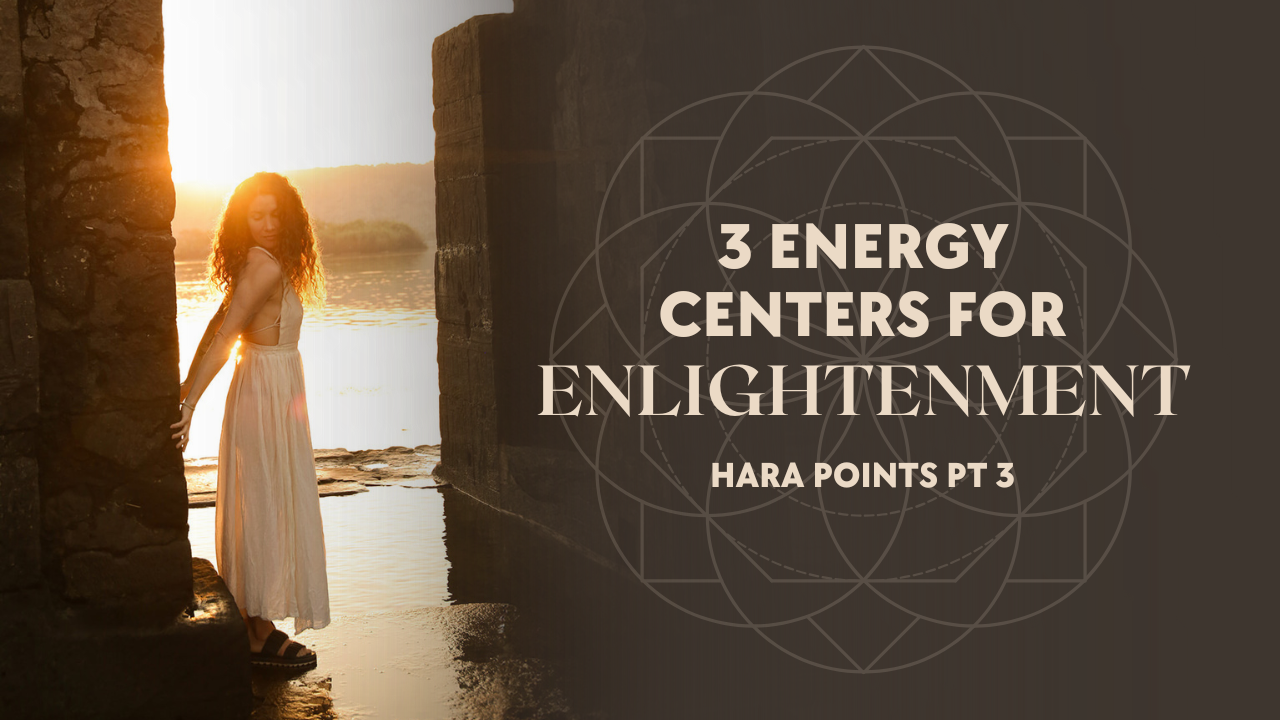 Lisa Rachel Snyder standing between ancient stone pillars at sunset, symbolizing the three energy centers for enlightenment in the Hara Points series.