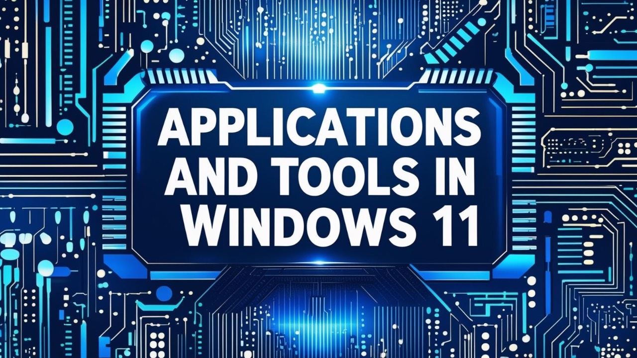 Blue circuitry background with words “Applications and Tools in Windows 11” displayed prominently in the foreground.