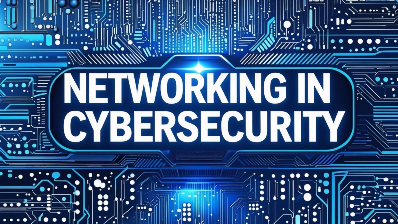 Blue circuitry background with words “Networking in Cybersecurity” displayed prominently in the foreground.