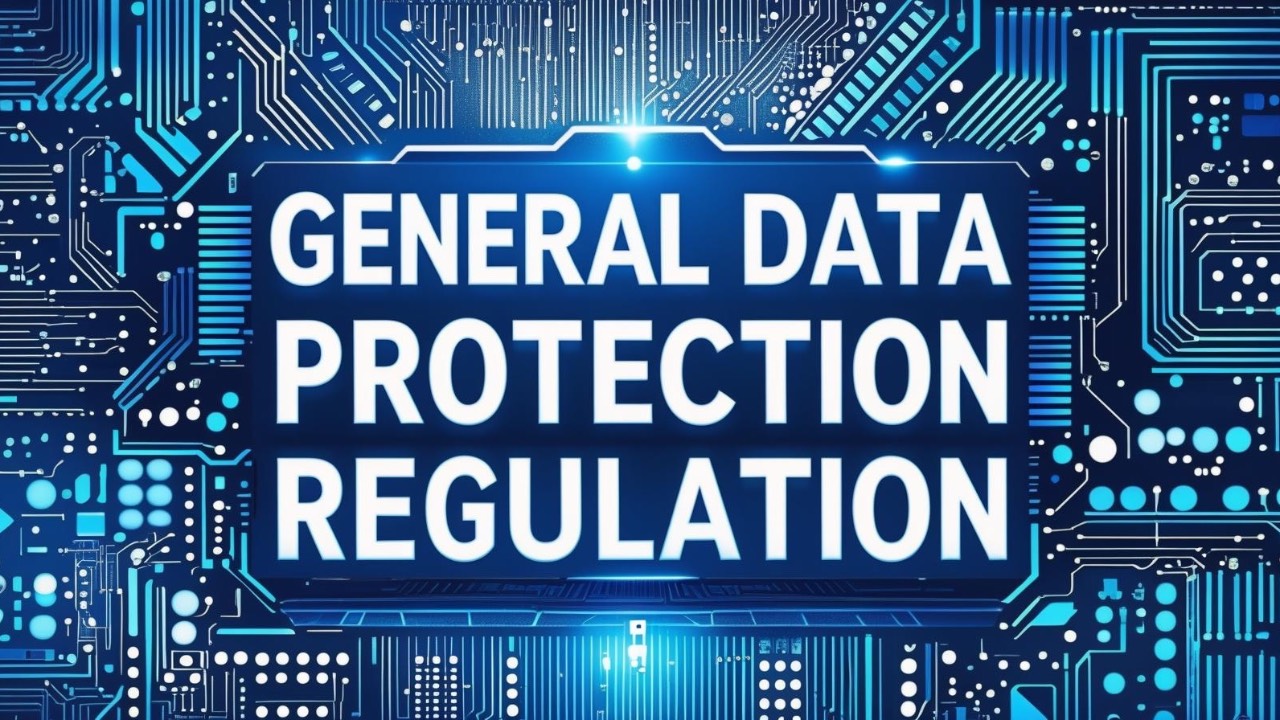 Blue circuitry background with words “General Data Protection Regulation” displayed prominently in the foreground.
