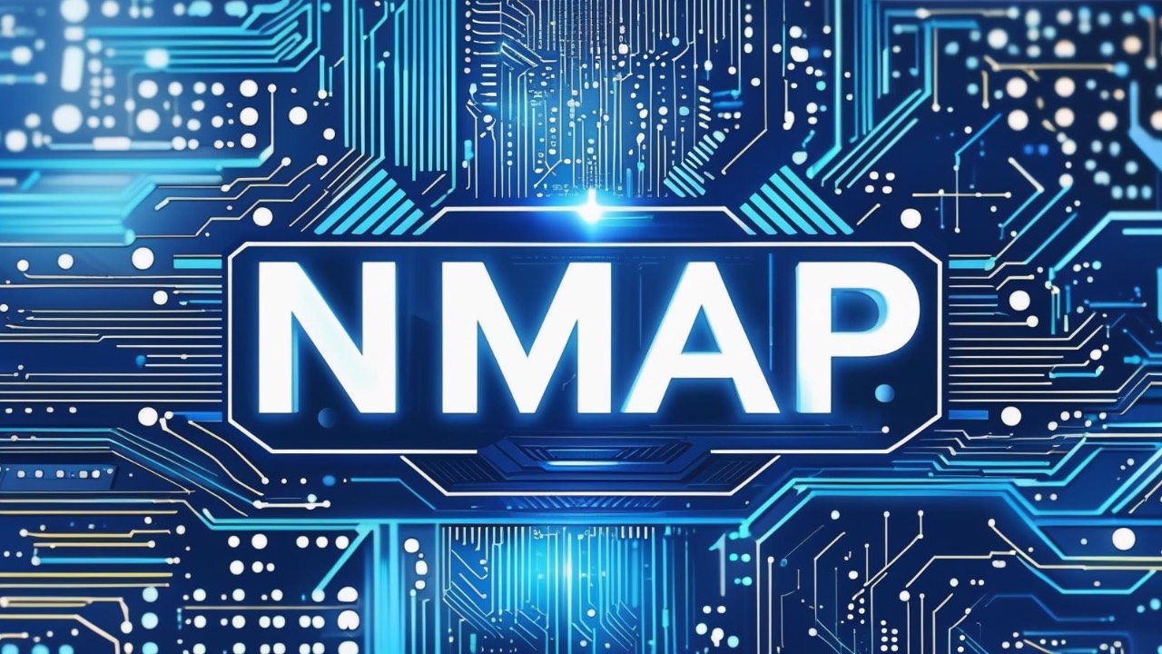 Blue circuitry background with “NMAP” displayed prominently in the foreground.