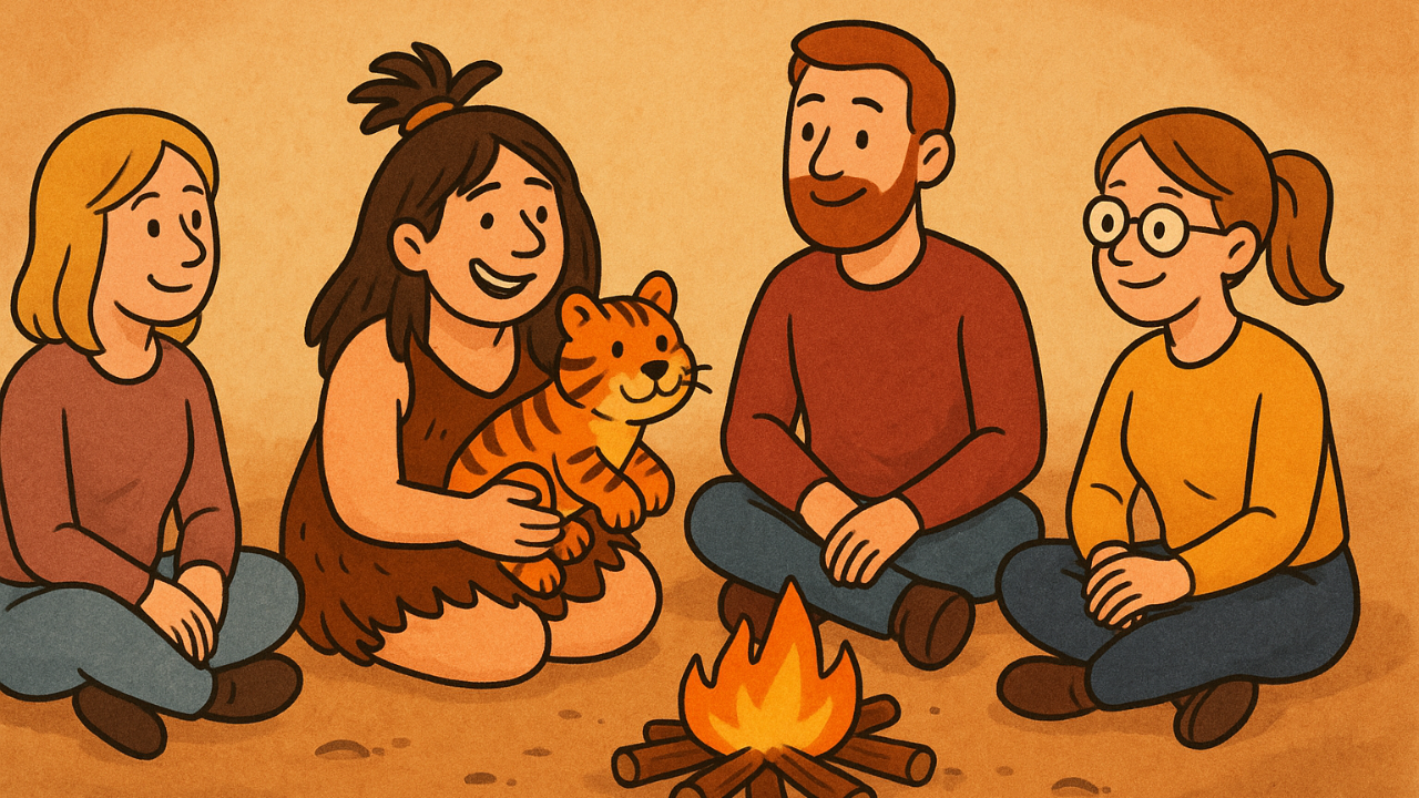 ADHD ja body doubling – luolanainen sapelihammastiikerin pennun kanssa nuotion äärellä modernien ihmisten ympäröimänä