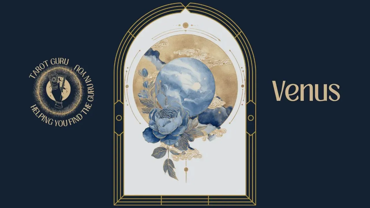Watercolor tarot card showing Venus in astrology with beauty and harmony symbols in Art Deco navy and gold arch frame