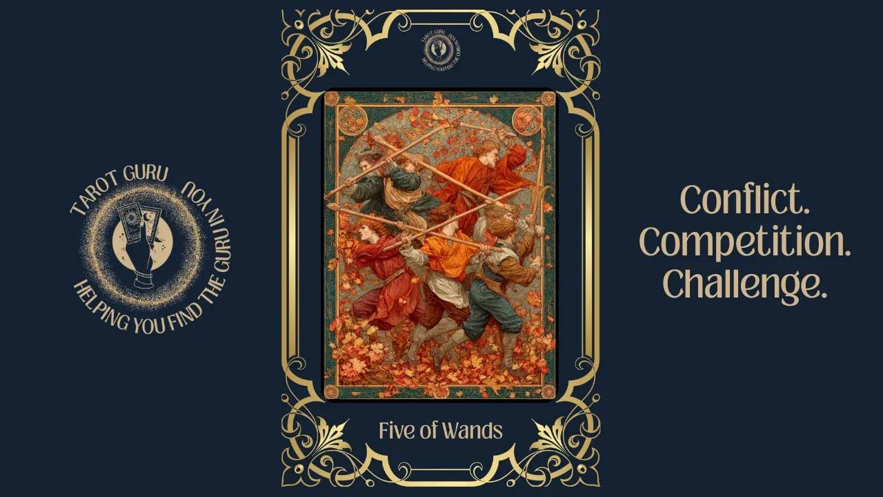 Challenge. Five of Wands tarot card meaning — reflects tension, rivalry, and the test of differing ideas.