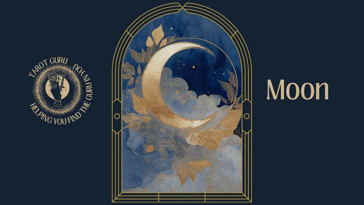 Watercolor tarot card depicting the Moon in astrology with silver crescent in twilight sky within Art Deco navy and gold arch frame