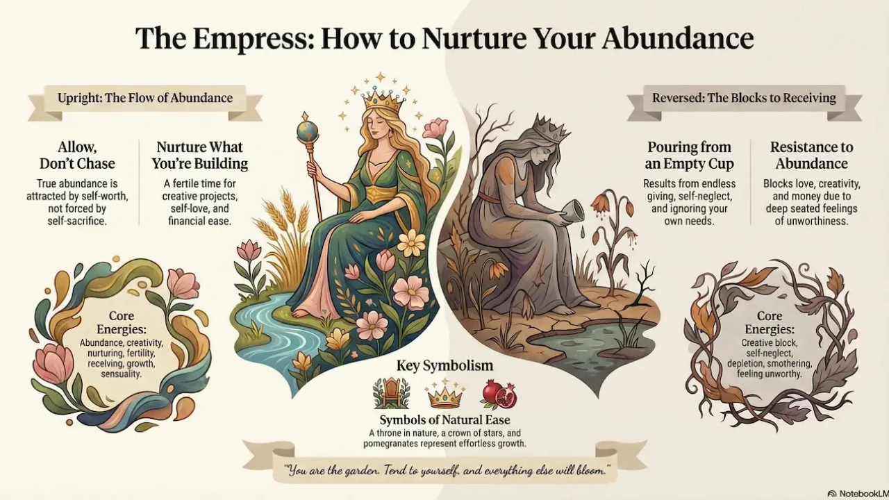 info graphic of upright empress and empress reversed and their  keywords:  ## The Empress Tarot Card Keywords  **Upright Keywords:** - Abundance - Creativity   - Nurture - Fertility - Sensuality - Growth - Self-worth  **Reversed Keywords:** - Creative block - Depletion - Smothering - Resistance to abundance - Empty cup - Unworthiness