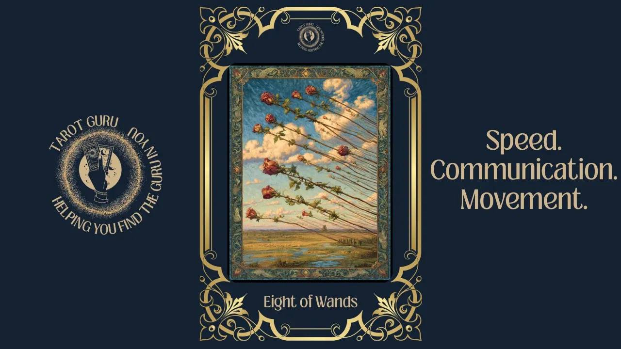 Movement. Eight of Wands tarot card meaning — denotes swift progress, messages, and forward momentum.