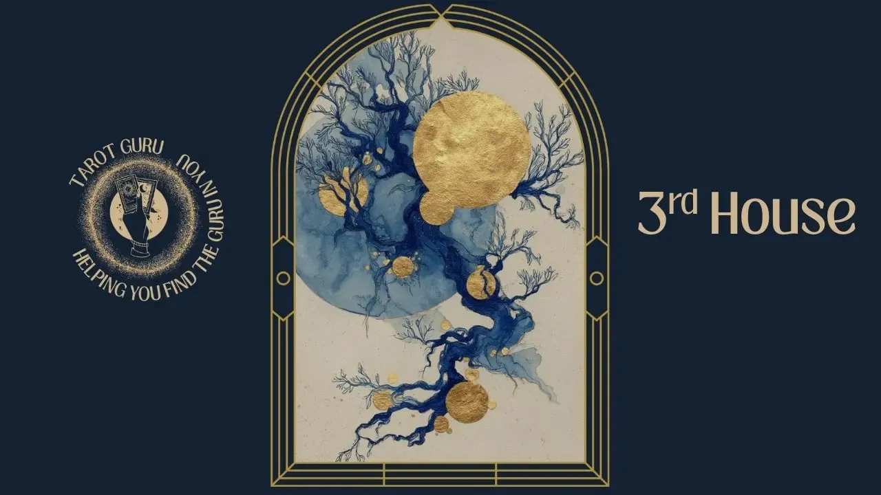 Watercolor tarot card illustrating the 3rd House in astrology representing communication and learning in Art Deco navy and gold arch frame