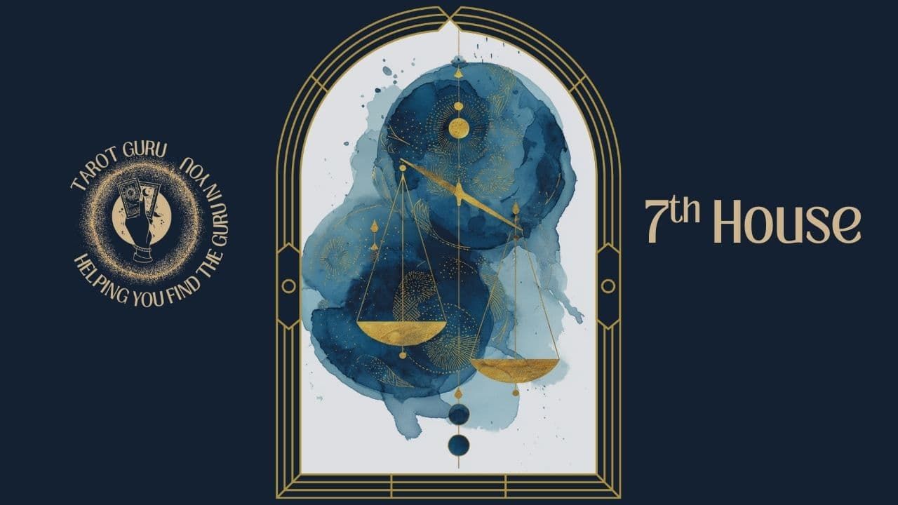 Watercolor tarot card showing the 7th House in astrology representing partnerships and relationships in Art Deco navy and gold arch frame