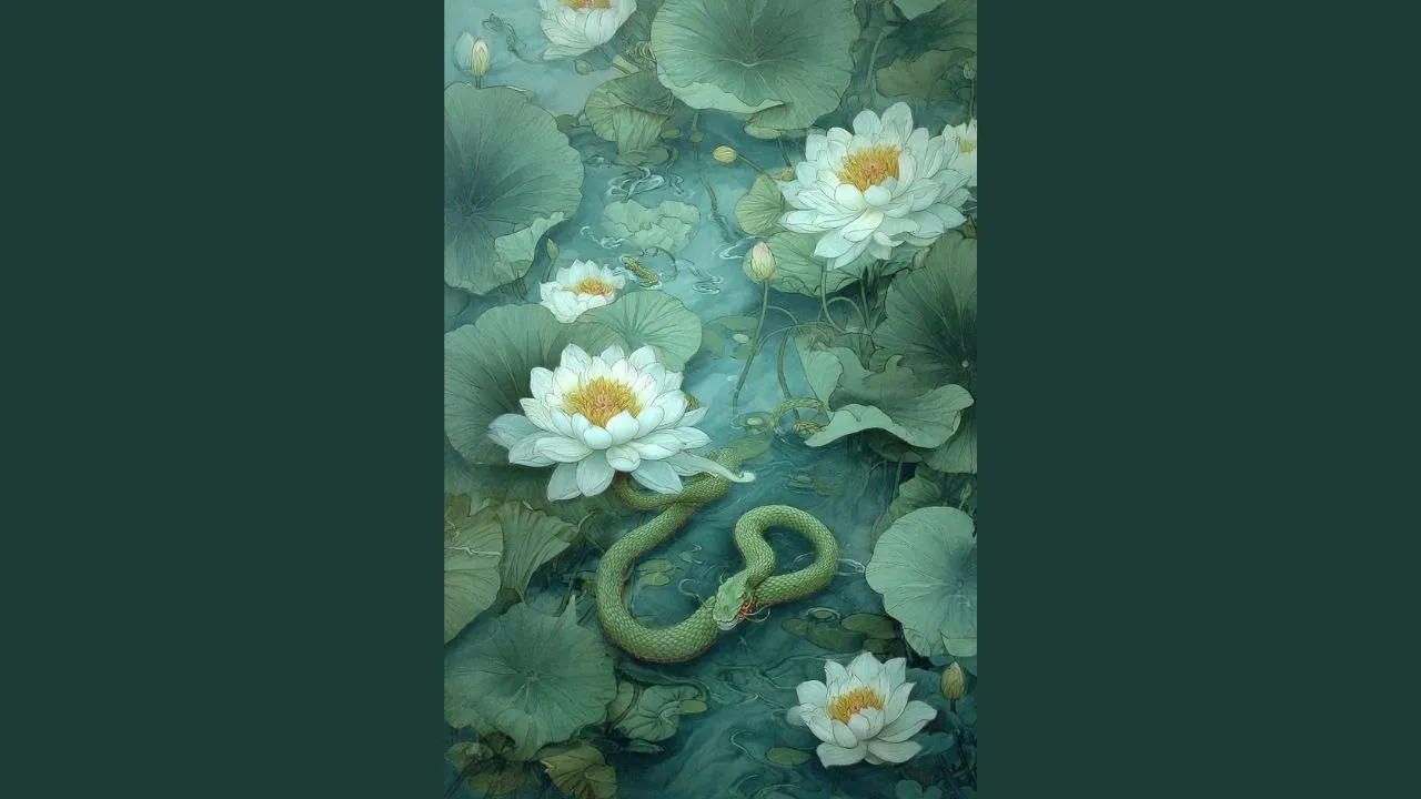 Traditional Chinese ink painting of elegant green snake coiled around white lotus in water symbolizing transformation and rebirth