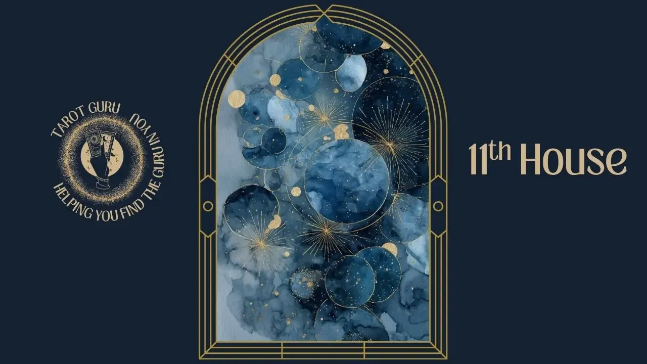Watercolor tarot card depicting the 11th House in astrology representing community and aspirations in Art Deco navy and gold arch frame