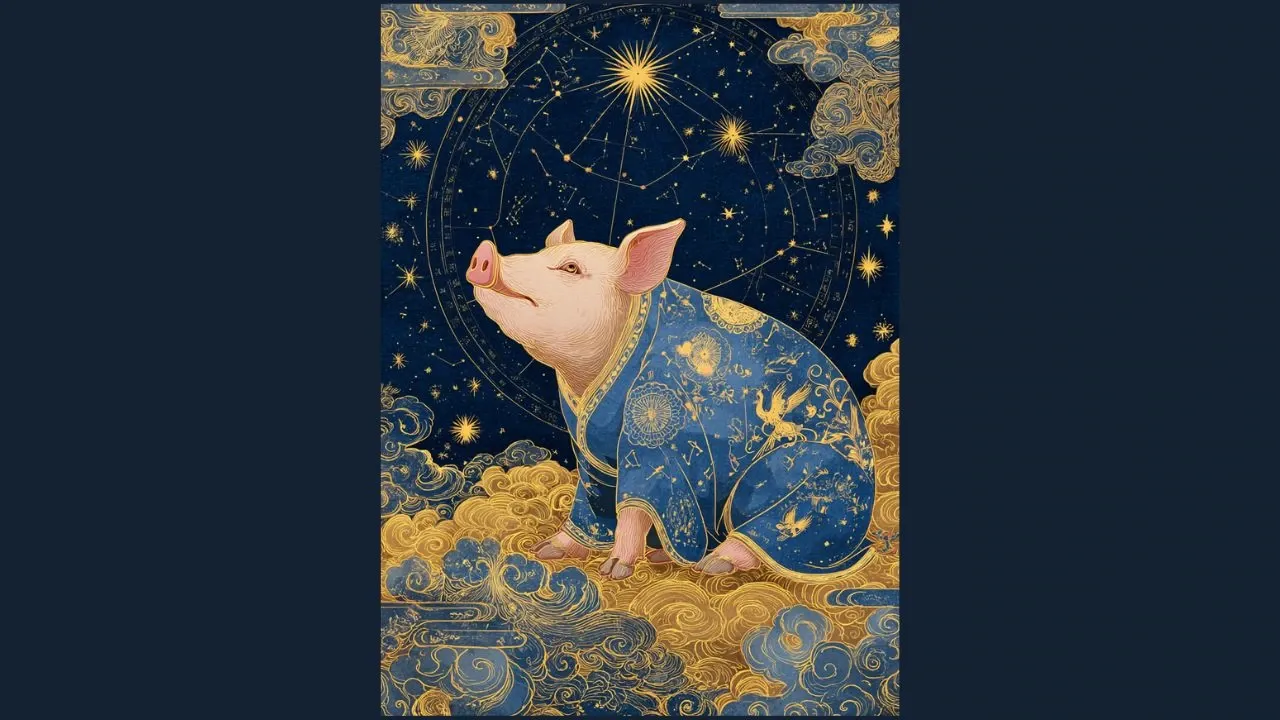 Traditional Chinese painting of peaceful pig in starlit lotus garden with floating lanterns in deep twilight blue and gold