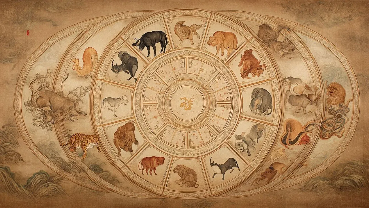 Chinese zodiac compatibility wheel with 12 animals arranged in harmonious and challenging pairs