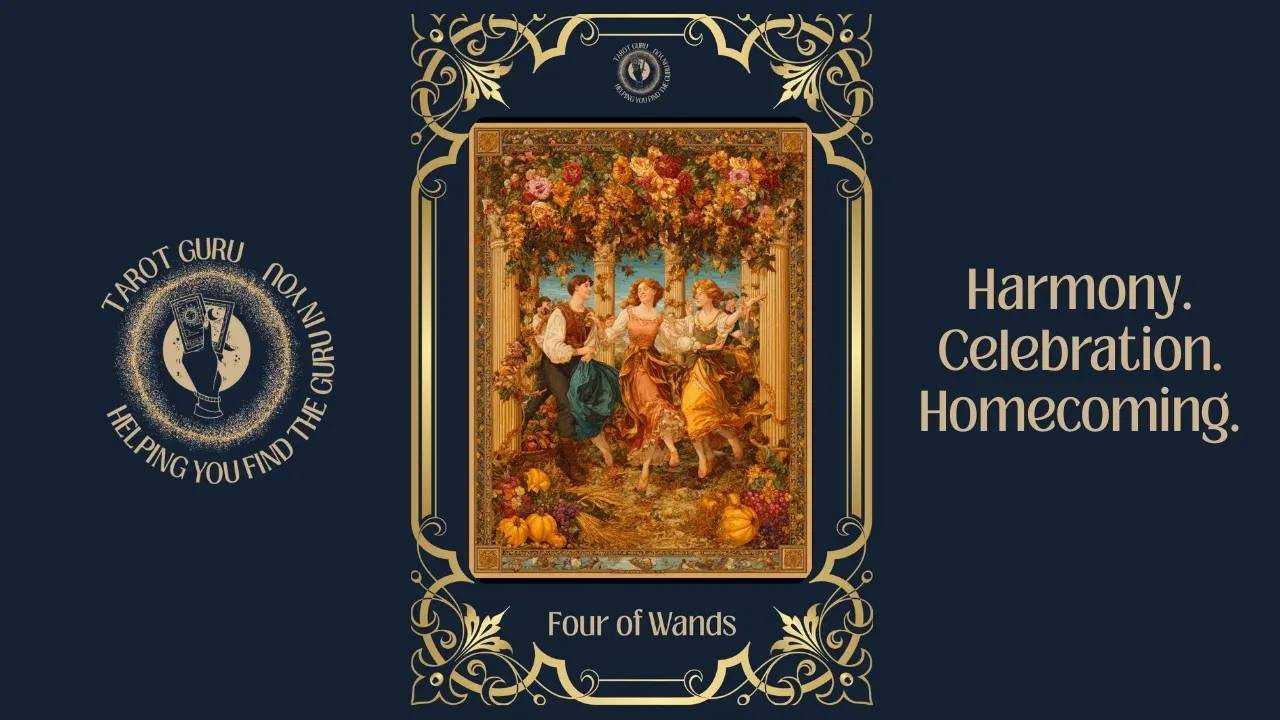 Four of Wands tarot card meaning — symbolizes joy, stability, and milestones celebrated with others